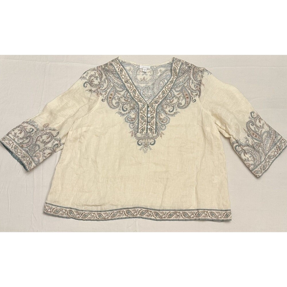 J. Jill Lg Linen Top Bohemian Ornate Paisley Mosaic Blouse Cream Earthy Neutral